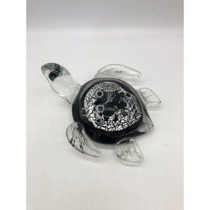 handblown glass sea turtle paperweight clear, black, silver feck art